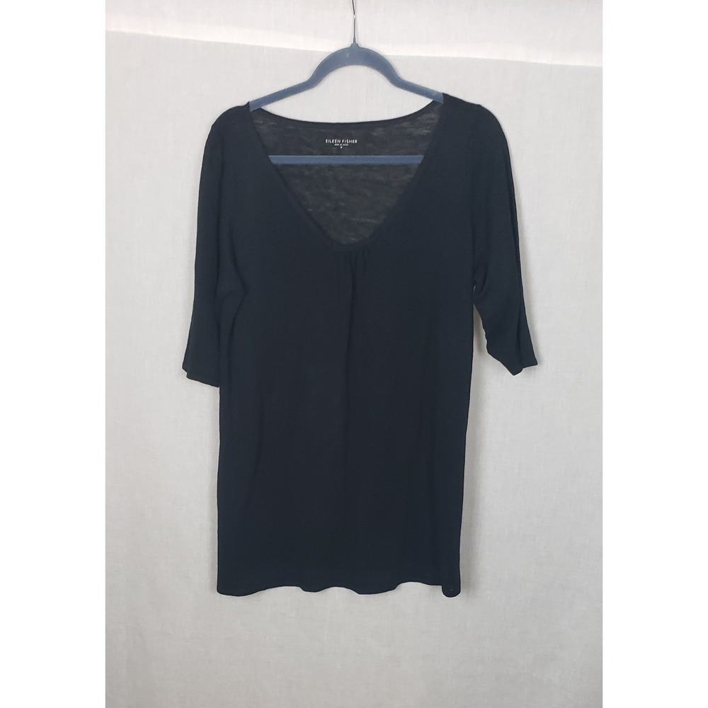 Eileen Fisher Black 100% Linen Shirred Slub Tunic Top M Sustainable Casual Chic